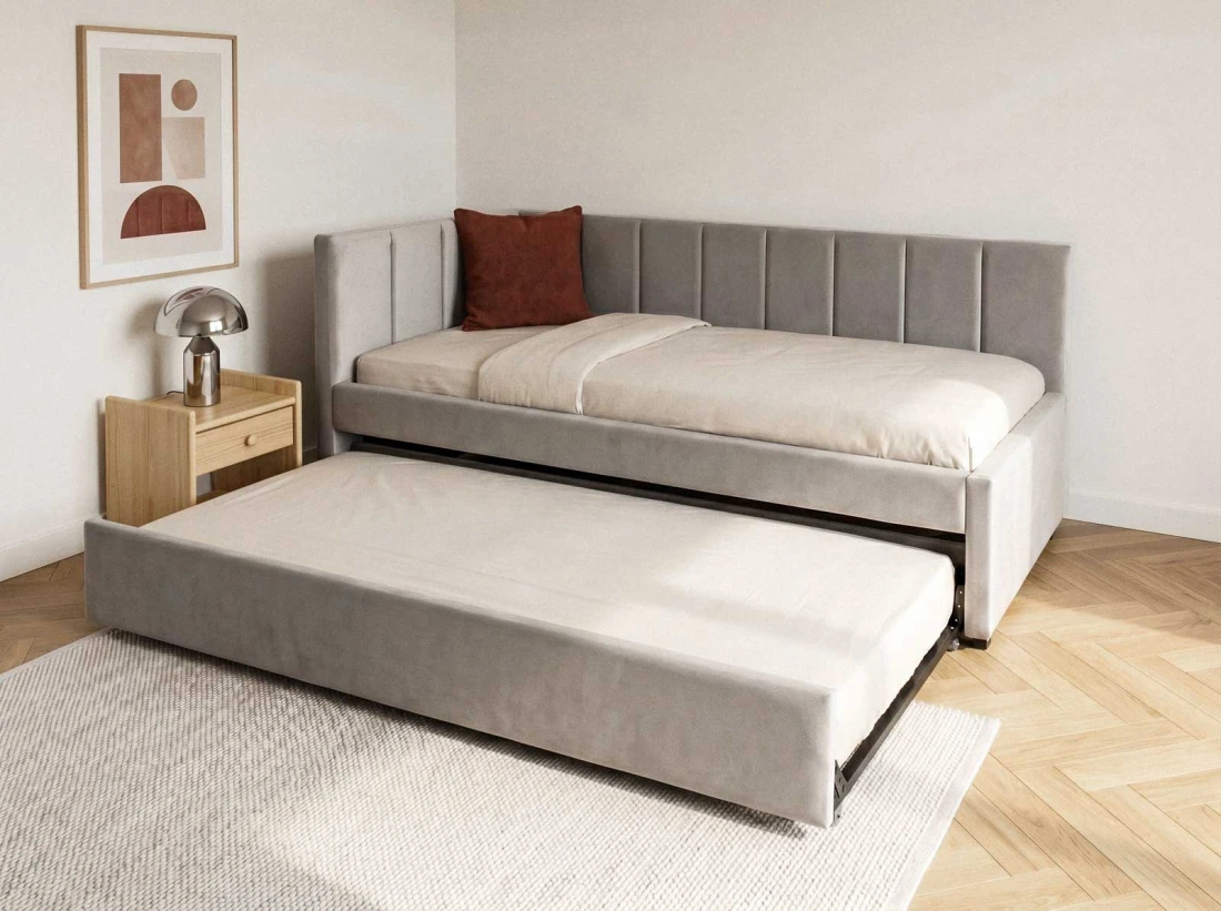 Tapczan dwuosobowy rozkładany 90x200 wysuwany ze stelażami Bluvel 03 Szary Dan